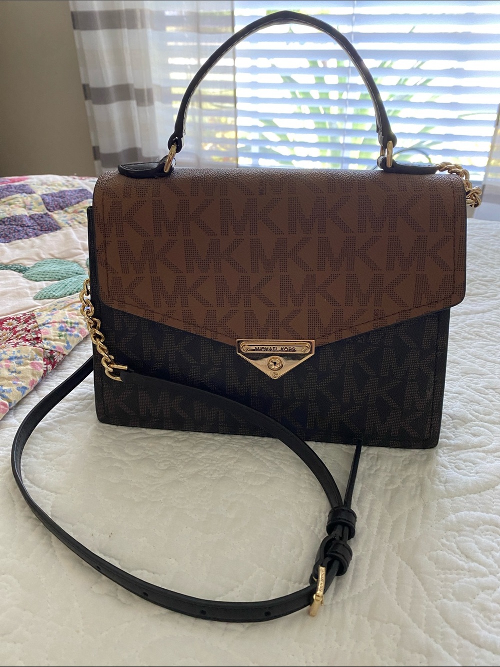 Michael Kors Grace Med Top Handle Satchel in brown signature logo print
